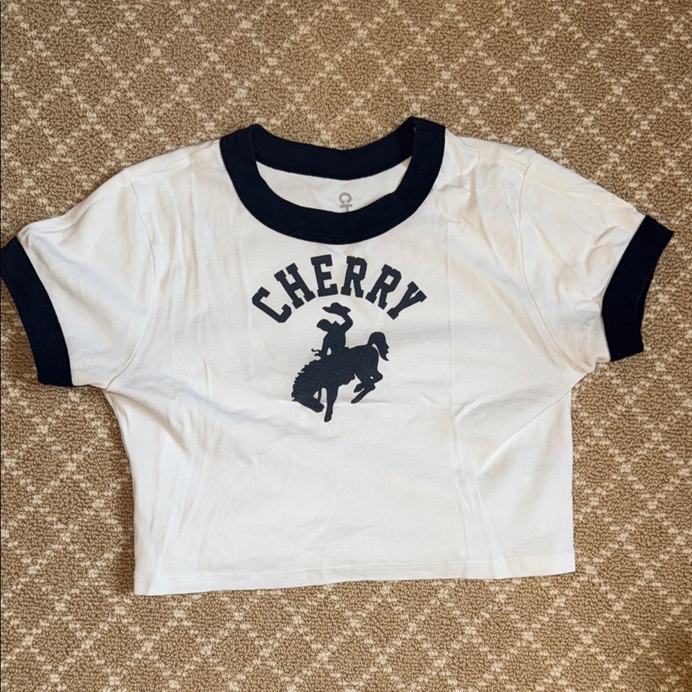 Cherry Graphic Ringer Crop Tee - White/Navy